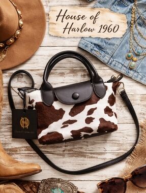 NWT  House of Harlow 1960 Genuine Small Cowhide Mini Satchel - Brown & White